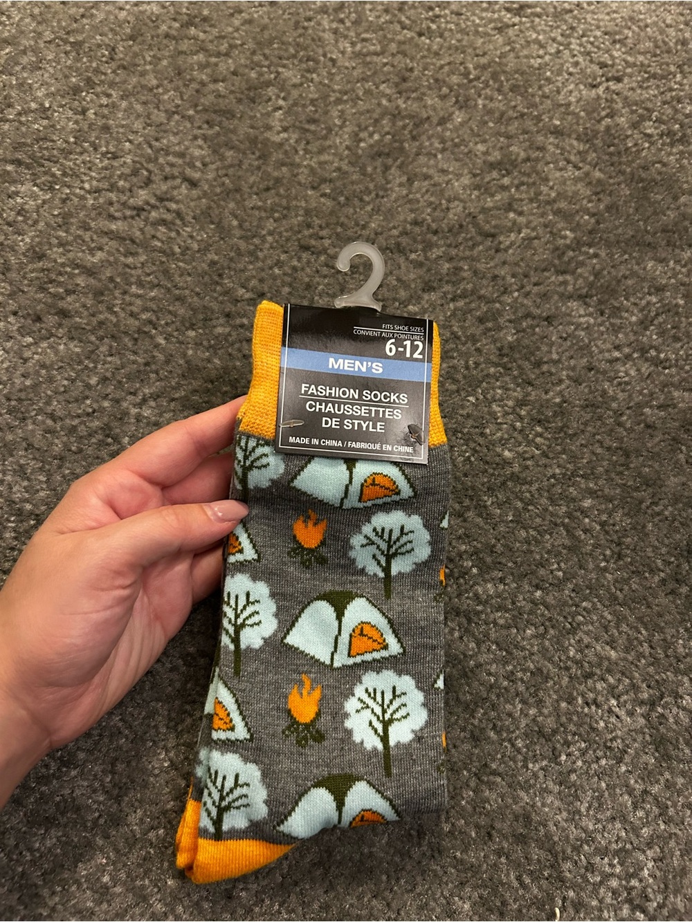 Men's Gray Camping Crew Socks with Orange Accents -